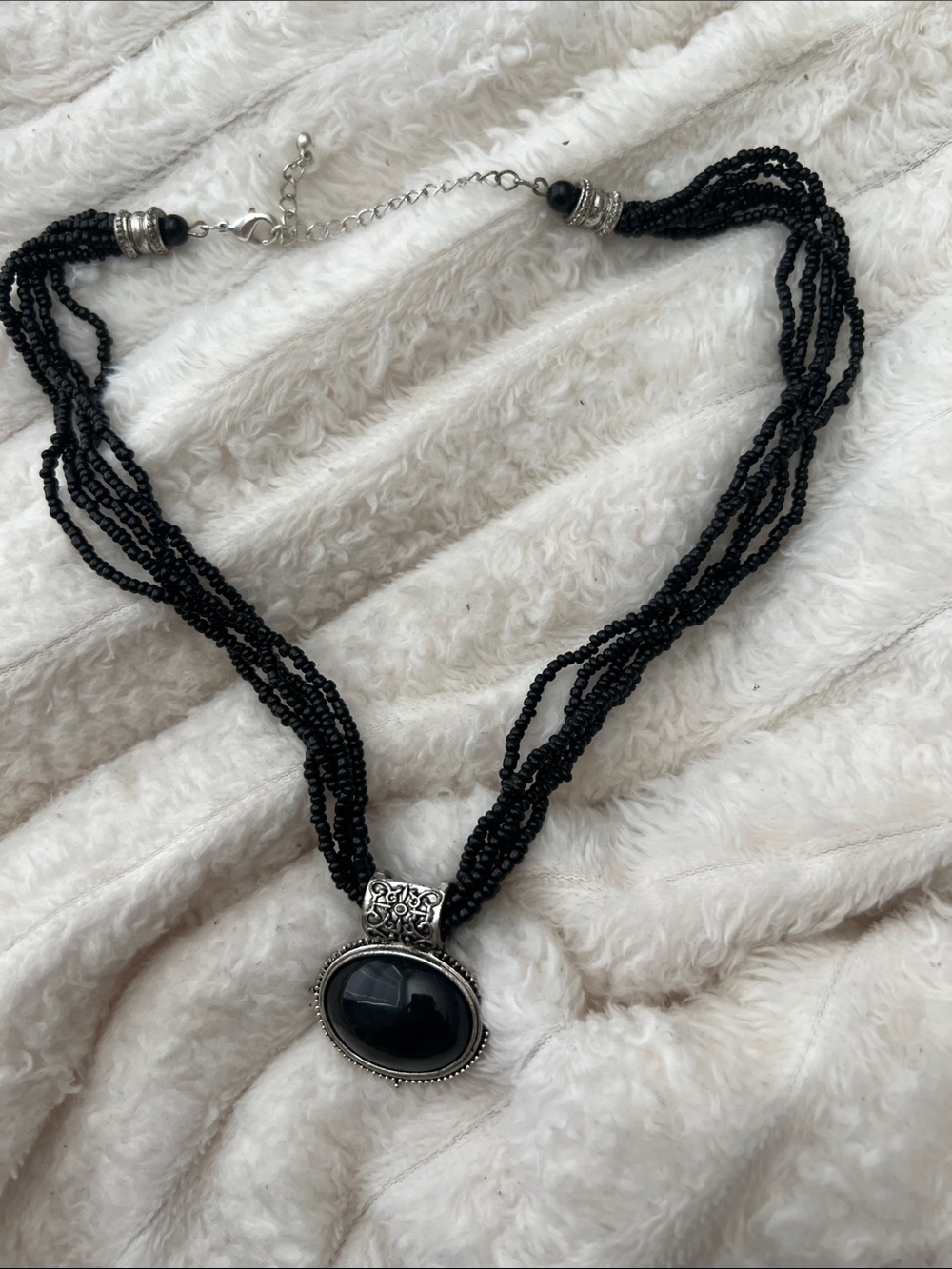 Vintage Black Beaded Multi-Strand Necklace with Onyx Pendant